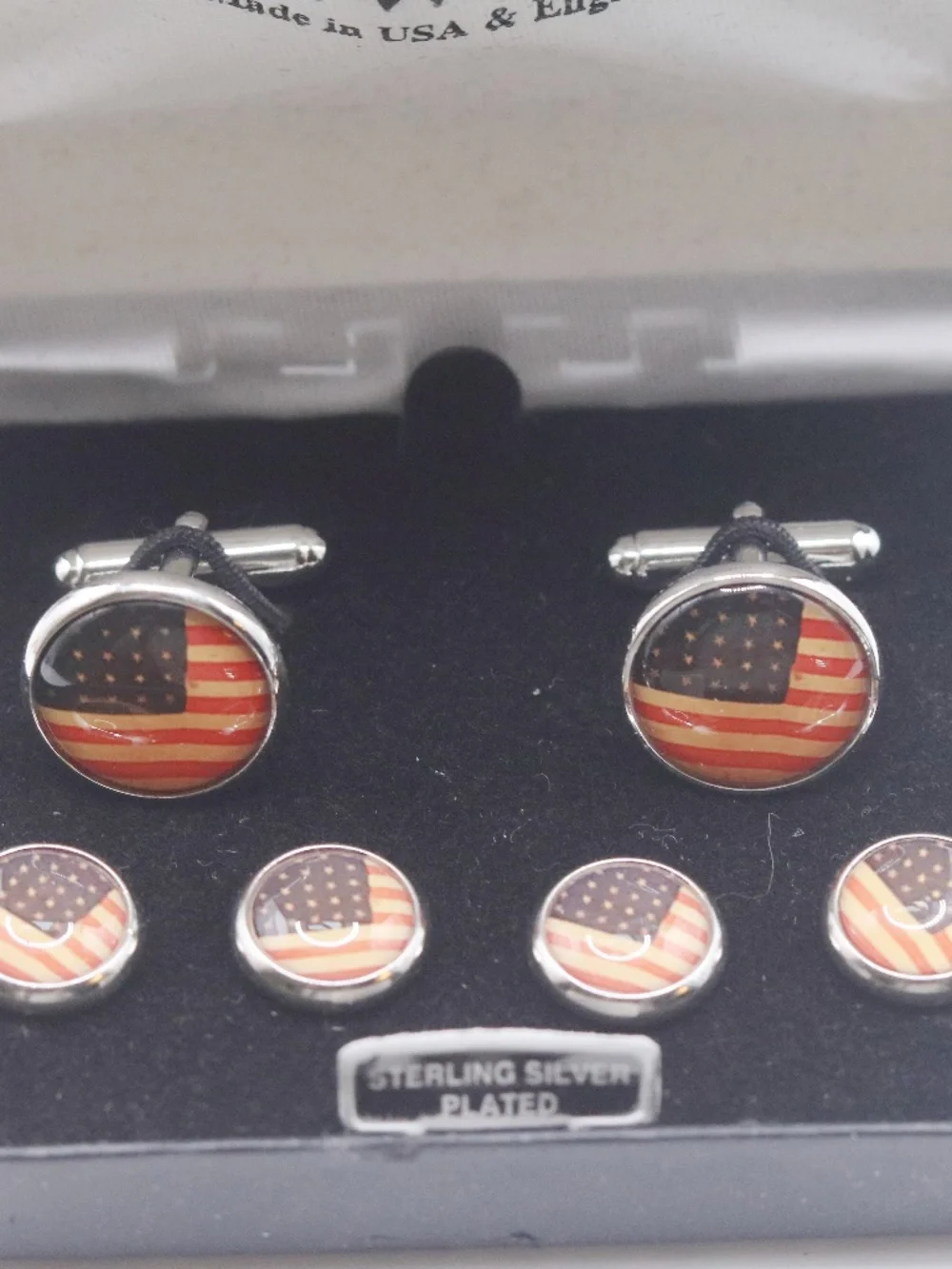 Tuxedo Cufflinks and Studs Set  - American Flag, sterling silver plated
